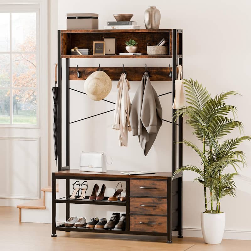 5-in-1Hall Tree Entryway Shoe Rack with 7 Hooks& 3 Drawers