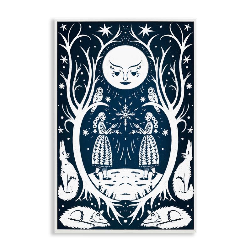 Stupell Woodland Folk Girls with Moon Framed Giclee Art Design By Hannah Moren - 12 x 18 - White