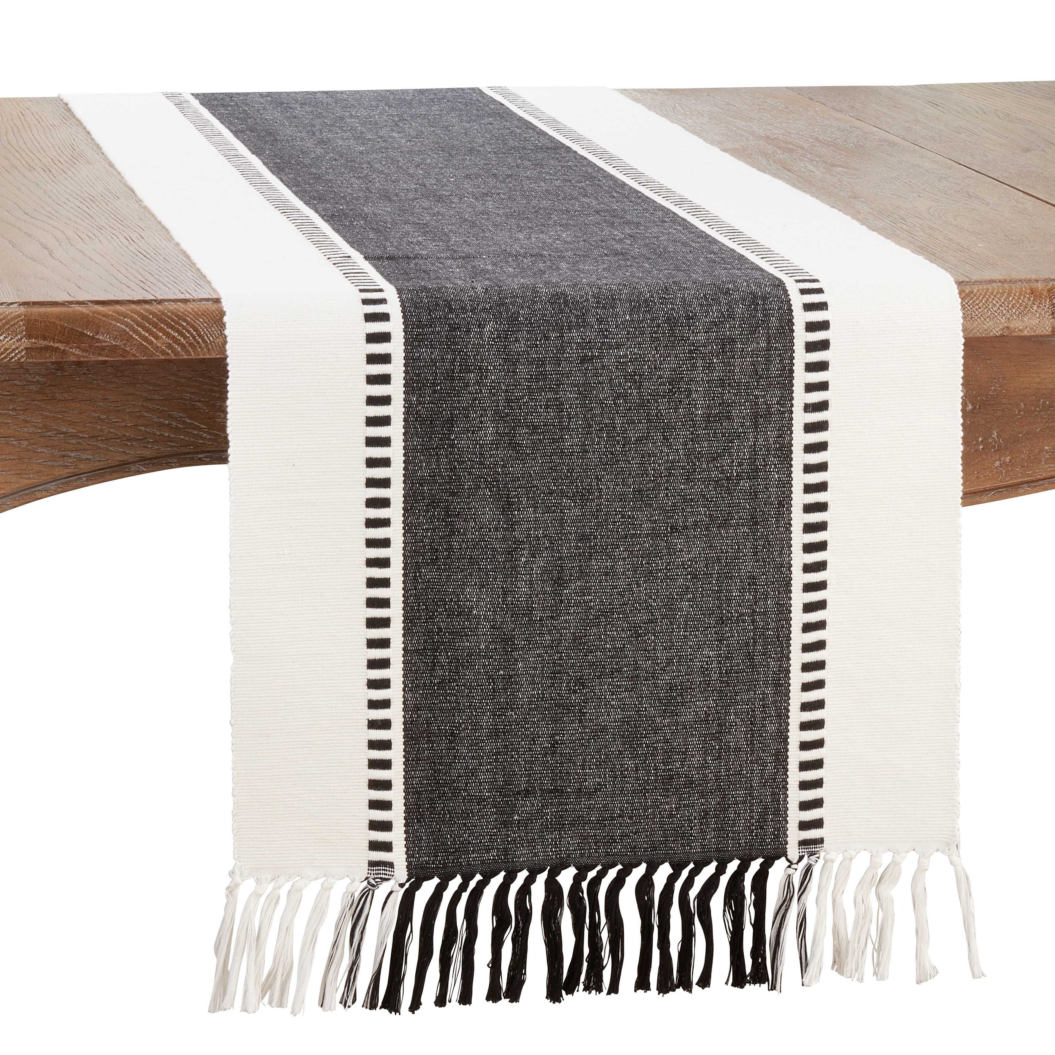 Striped Cotton Table Runner with Tassel Fringe – Woven Neutral Table Décor for Modern, Farmhouse, Boho & Coastal Homes - 16"x72"