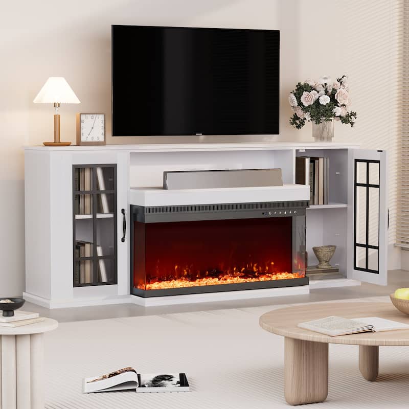 70" Fireplace TV Stand with 3-Sided Glass, ETL Certified, 12 Flame Colors, Realistic Ember Bed, Accommodates TVs up to 80"