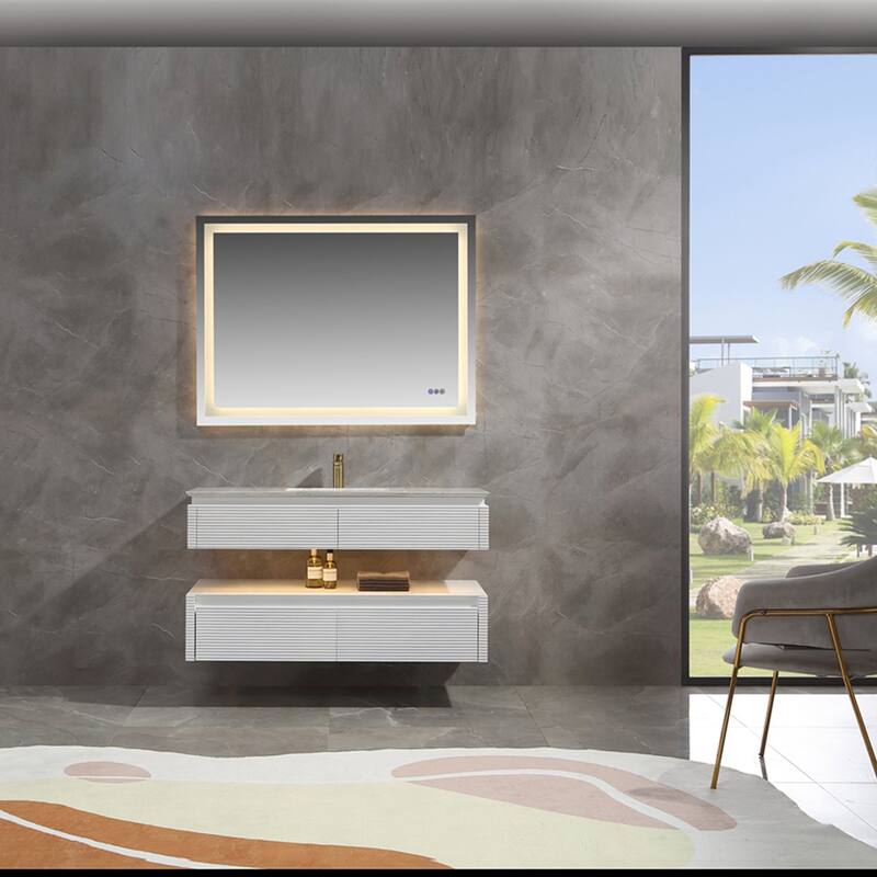 48 Inch Solid Wood Wall-Mounted Bathroom Vanity Set in Green/ White with Engineered Stone Top and Ceramic Sink - White