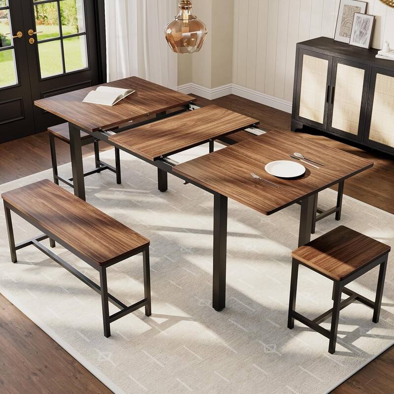 5-Piece Extendable Kitchen Dining Table Set for 4-8 People with 2 Benches and 2 Stools - Brown