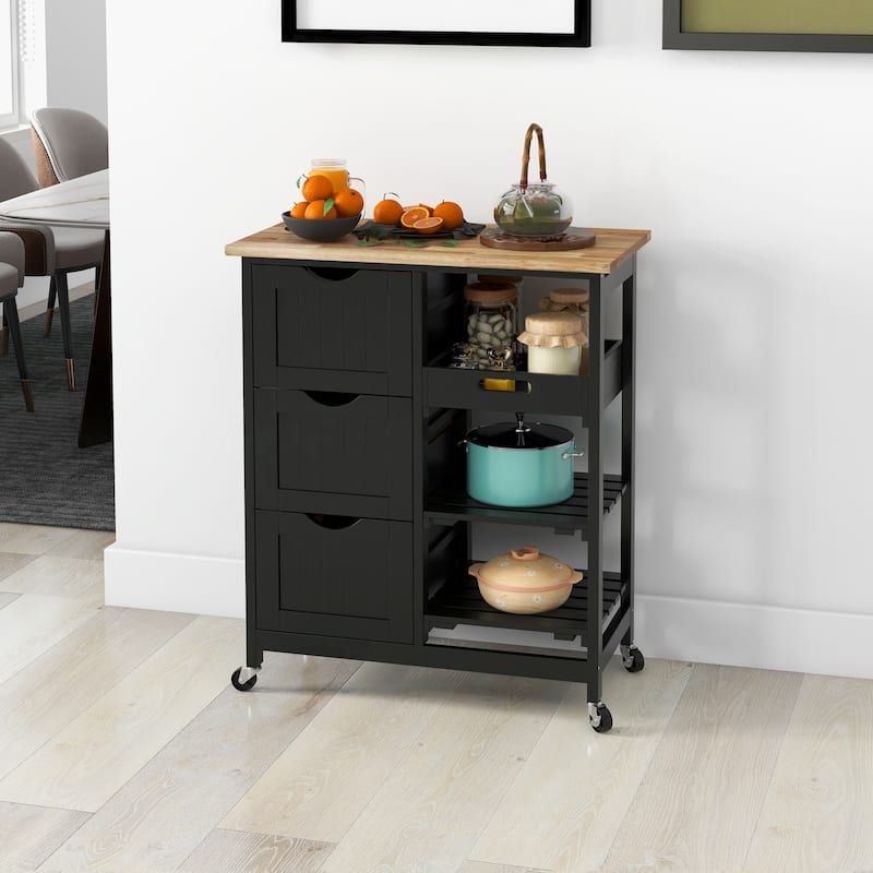 Rolling Kitchen Island Cart, Bar Serving Cart, Compact Trolley on Wheels with Wood Top, Shelves & Drawers for Home Dining Area