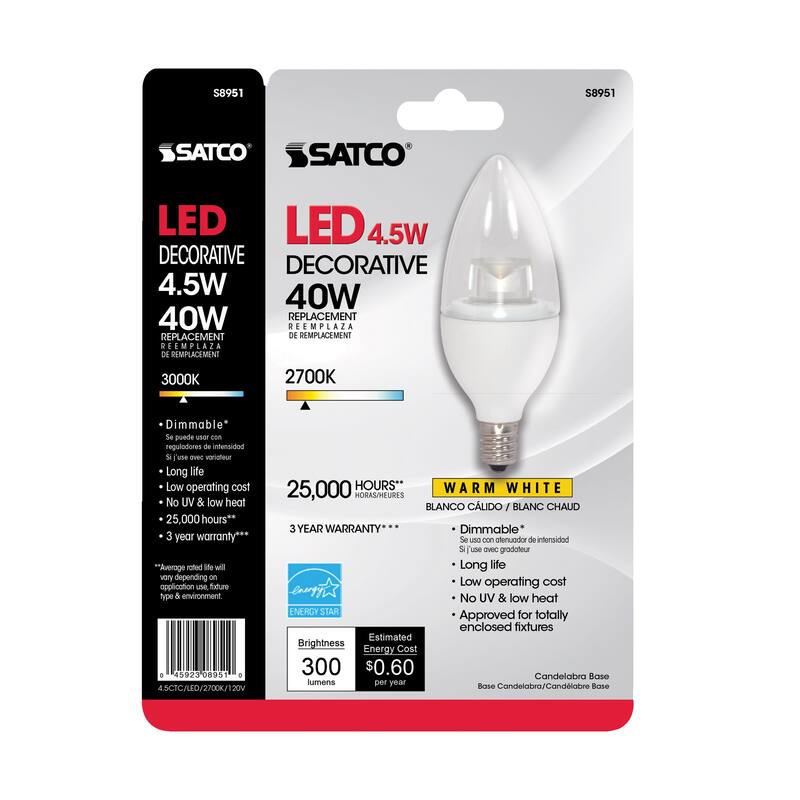 Satco 4.5W Torpedo LED - Candelabra Base - 2700K - 120V - Clear