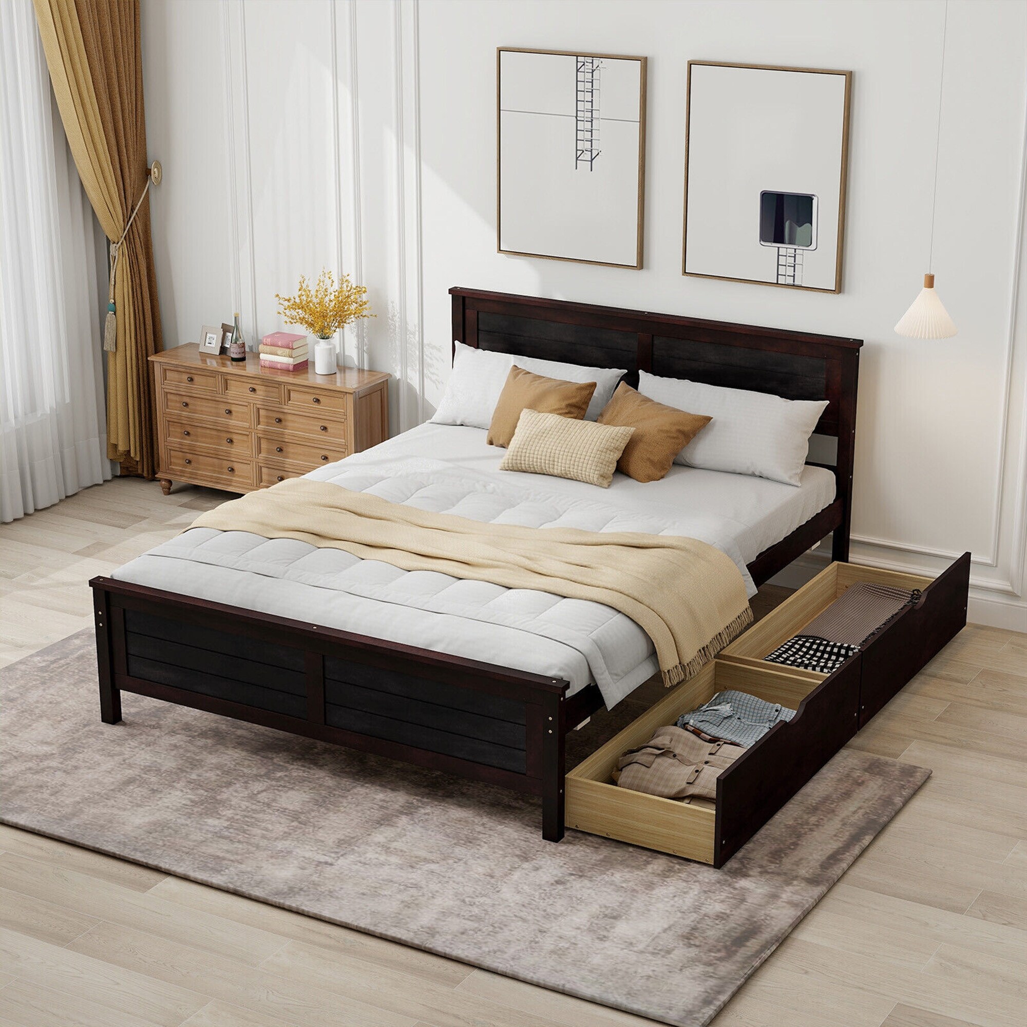 Gymax Full Size Wooden Bed Frame with 2 Storage Drawers