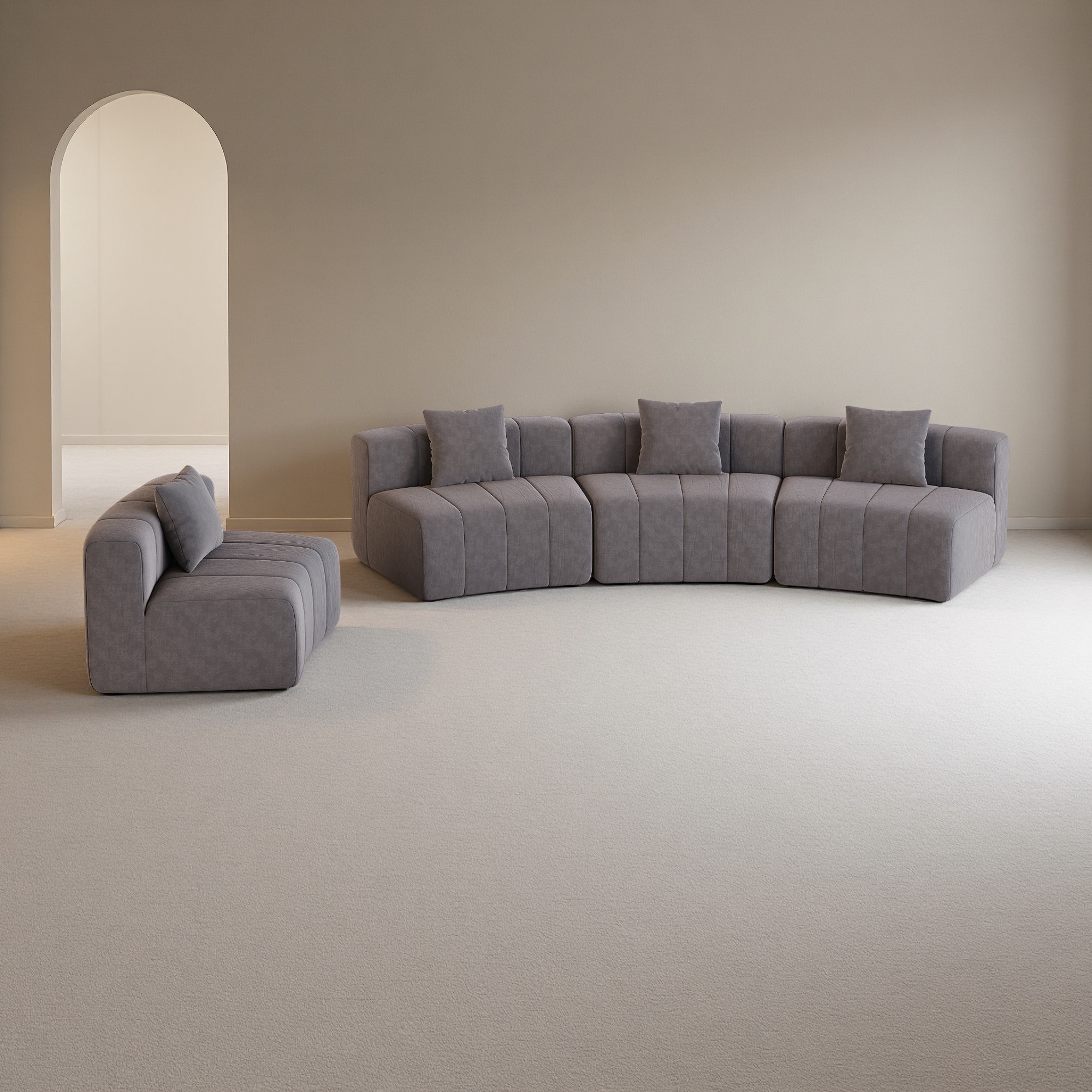 153.5" Chenille Curved Modular Sectional Sofa with 4 Pillows and Piano Key Seat Design