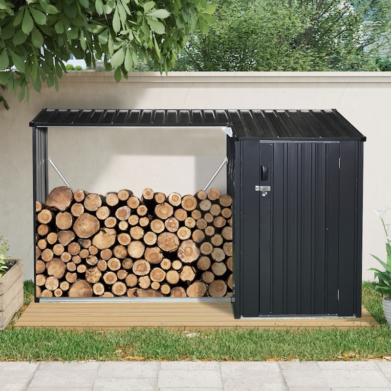 Outdoor Steel Firewood Rack and Metal Storage Shed,Two-In-One,Black