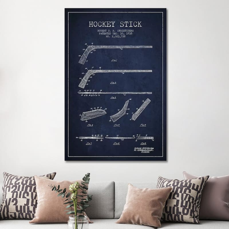 iCanvas "Hockey Stick Navy Blue Patent Blueprint" by Aged Pixel Canvas Print