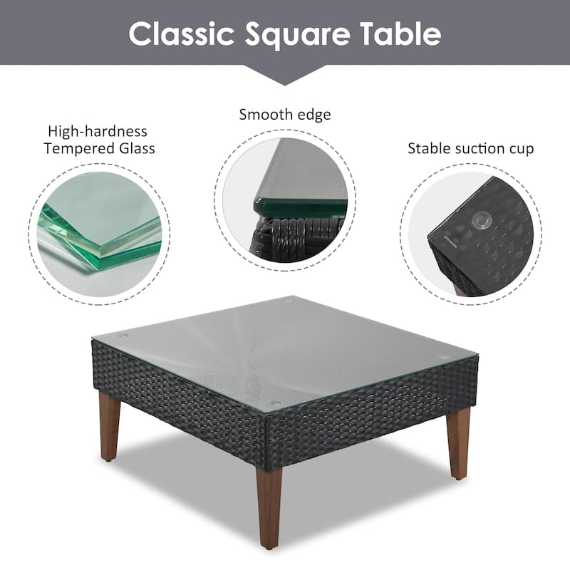 Roomfitters 4-Piece Outdoor Sectional Sofa Set with Glass Coffee Table, Tapered Wood Legs Rattan Furniture, Black+Gray