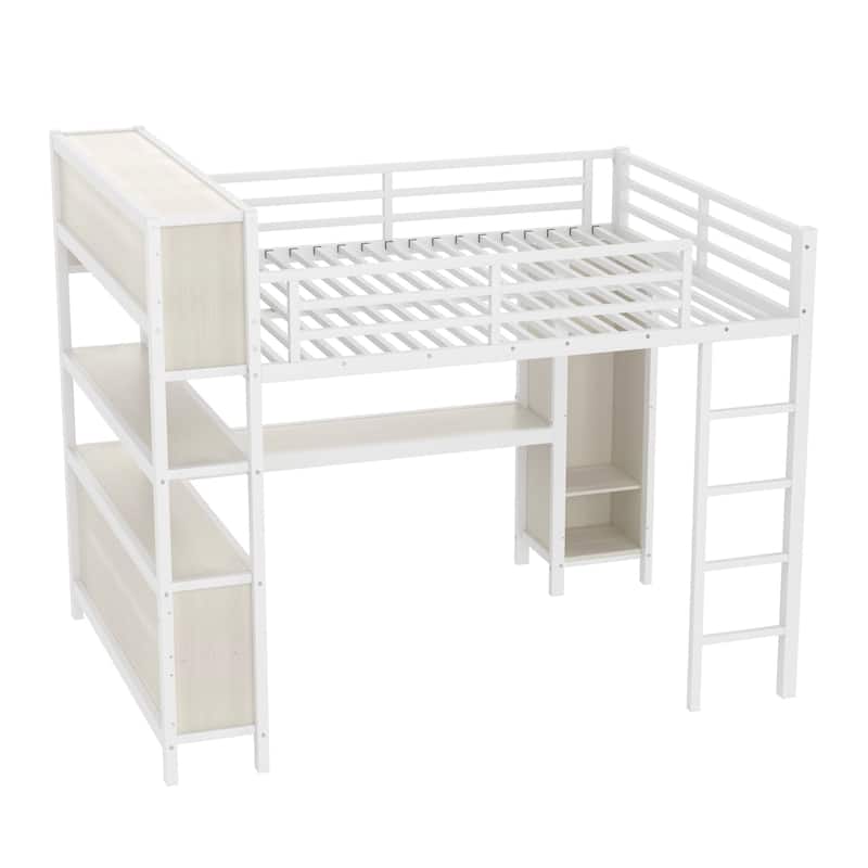 Metal Queen Size Loft Bed with L-shaped Desk,Storage Cubes and Shelves