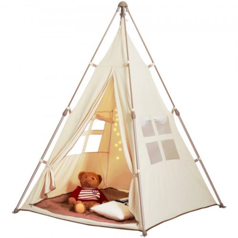Beige Peach Skin Kids Teepee Tent with Mat, Pop-Up Playhouse for Ages 1 to 5 - 50.4” D x 49.2” W x 68.9” H - Beige