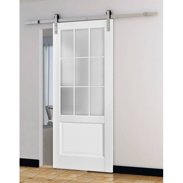 Hampton 9 Lites Frosted Glass Solid Wooden Barn Door In Matte White Finish With Stainless Steel Hardware 28 In X 84 In Overstock 32617773