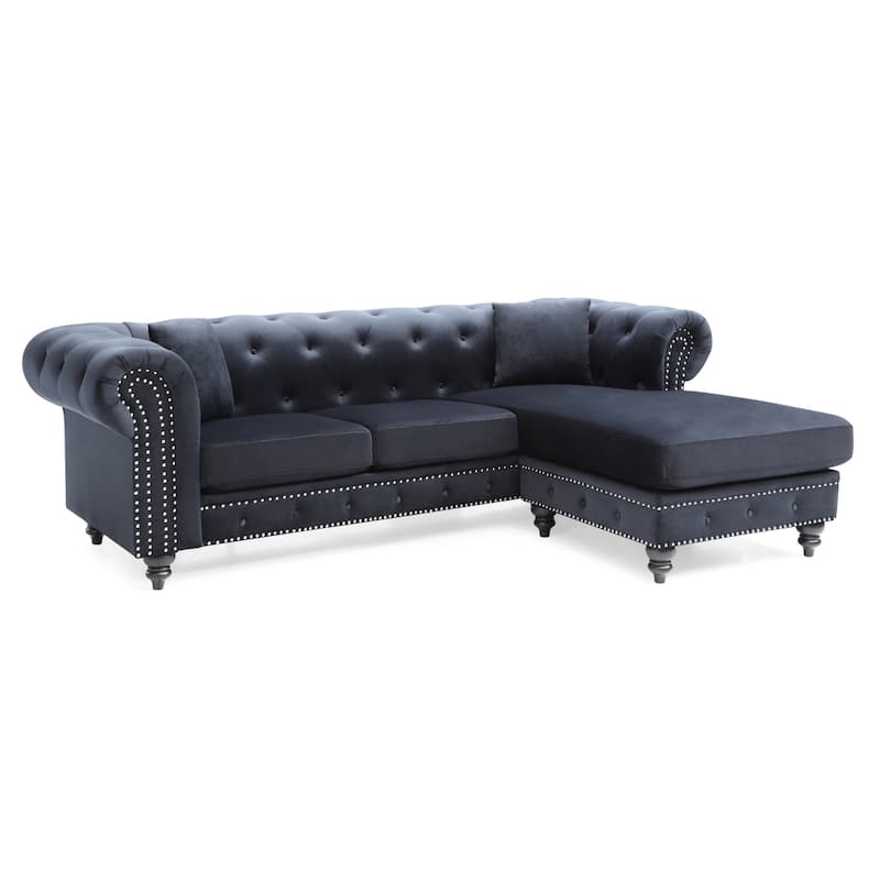 Tufted Velvet L-Shape 3-Seater Sectional Sofa with Throw Pillows - 98" - Black