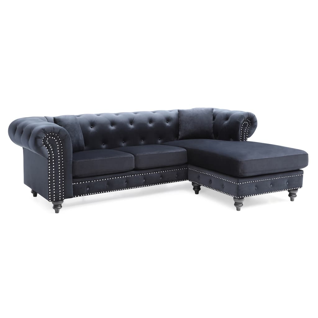 Tufted Velvet L-Shape 3-Seater Sectional Sofa with Throw Pillows - 98" - Black