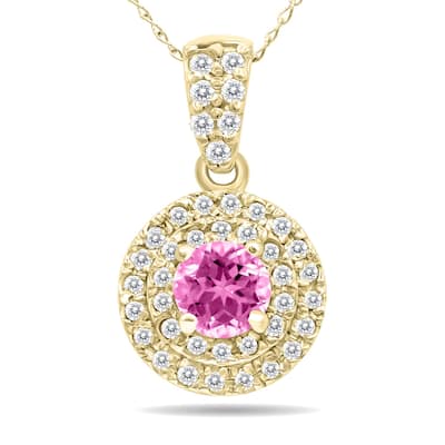 Marquee 3/4 Carat TW Double Halo Pink Topaz And Diamond Pendant in 10K Yellow Gold