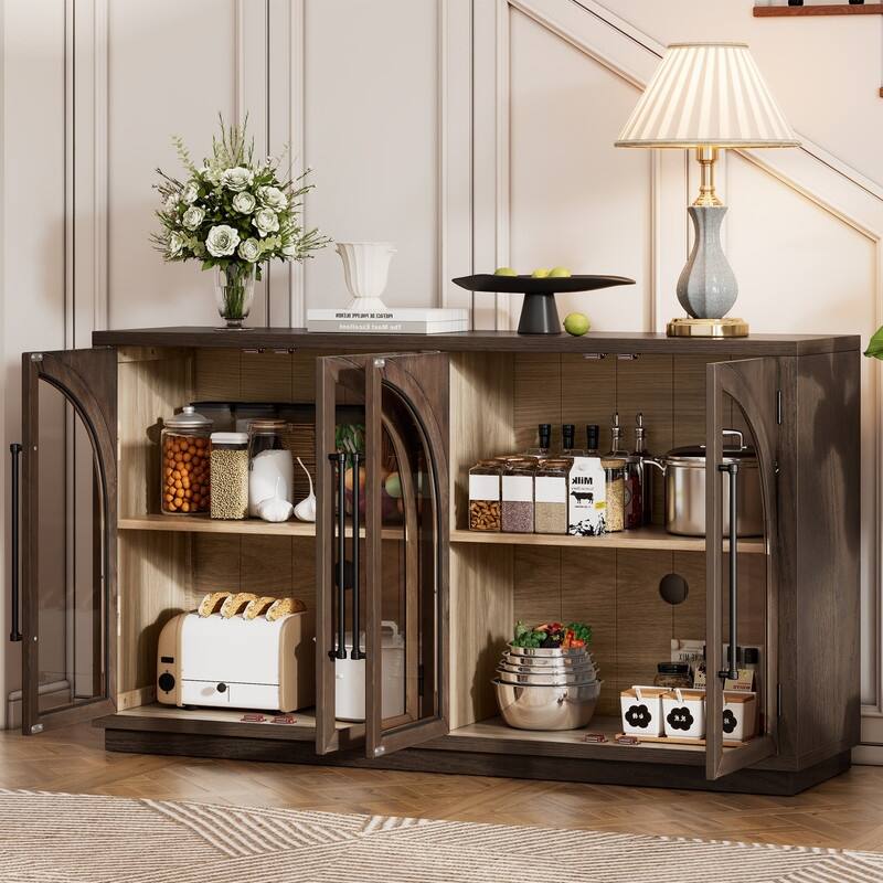 4-Door Large Storage Sideboard Buffet Cabinet with Glass Doors, Arched Cabinet with Adjustable Shelves