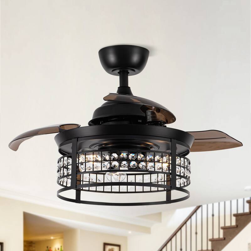 36-inch Modern 3-Blade Matte Black Retractable Crystal Caged Ceiling Fan with Remote and Light Kit - 35.83-in D x 17.6-in H