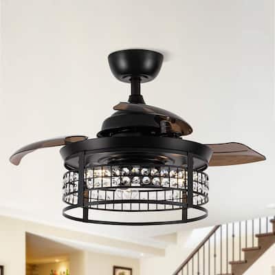 36-inch Modern 3-Blade Matte Black Retractable Crystal Caged Ceiling Fan with Remote and Light Kit - 35.83-in D x 17.6-in H