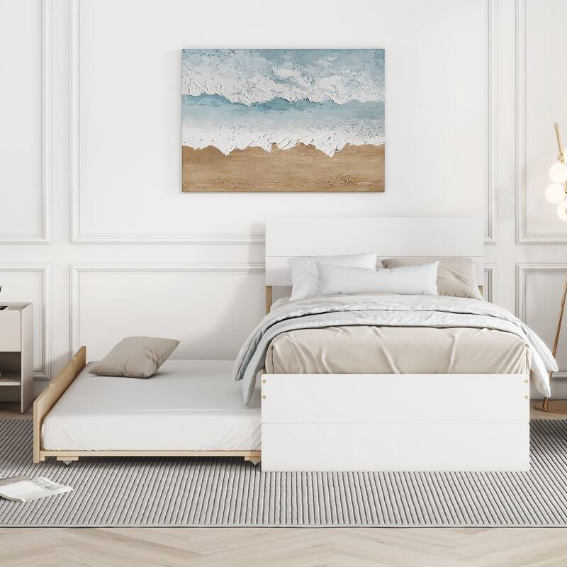 Modern Twin Platform Bed with Light Oak Trundle & High Gloss Headboard