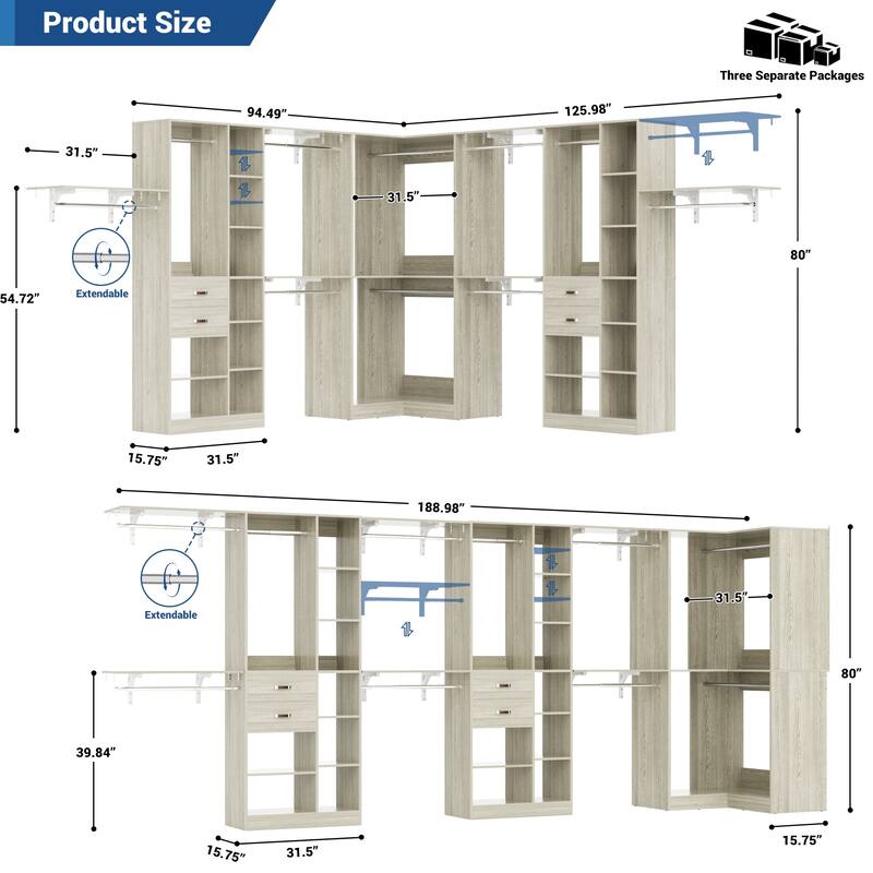 Rackcog 95'' - 188'' Closet System with Hanging Rods, Set of 3 Corner Closet Organizer with Drawers and Shelves