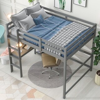 Elegant Full Size Wood Loft Kids Bed with Desk,Guardrail,Ladder,Shelf