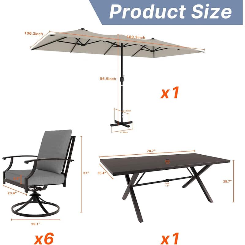 Kullavik 8 Pieces Outdoor Dining Set with 6 Swivel Chairs, X-Leg Table and Double-Sided Umbrella
