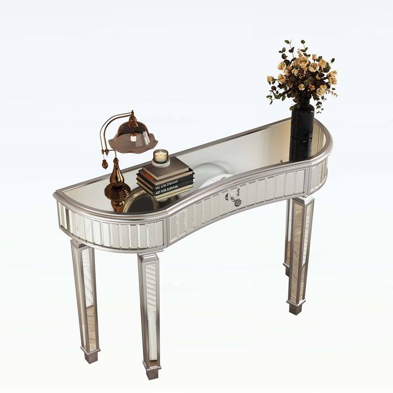Half-Moon Mirrored Console Table with Fluted Glass,Crystal Knob Drawer