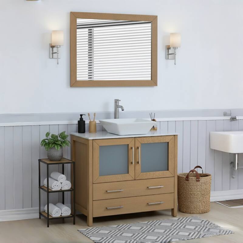 Vanity Art 36" Single Sink Bathroom Vanity Set with Engineered Marble Top Free Mirror - 36 x 18.5 x 36 Inches