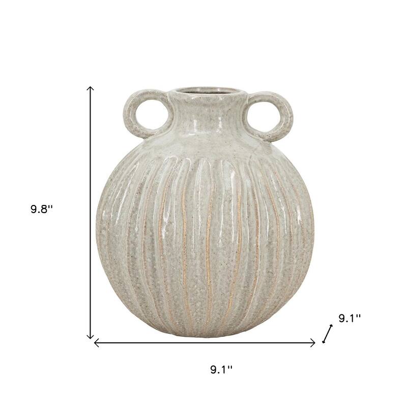 10" Sage And Gray Round With Handles Ceramic Table Vase - 9.10
