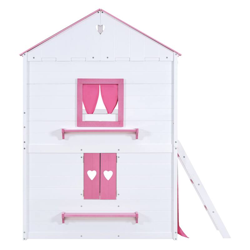 Full Size Wooden Bunk Bed with Elegant Windows and Tent Design in Pink and White