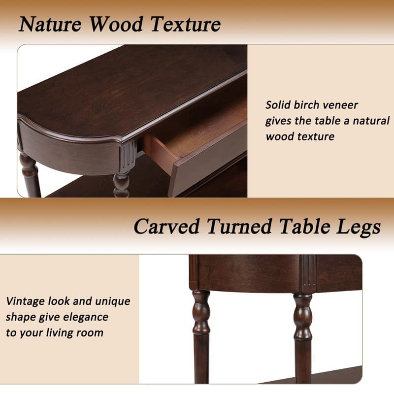 Retro 43" Curved Wood Console Table with 3 Drawers and Open Shelf, Sofa Table Behind Couch for Living Room and Hallway Storage
