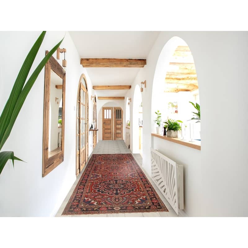 Hand Knotted Oriental 100% Wool Carpet Traditional Floral Red Heriz (serapi) Runner Rug - 12' 8'' X 3' 4''