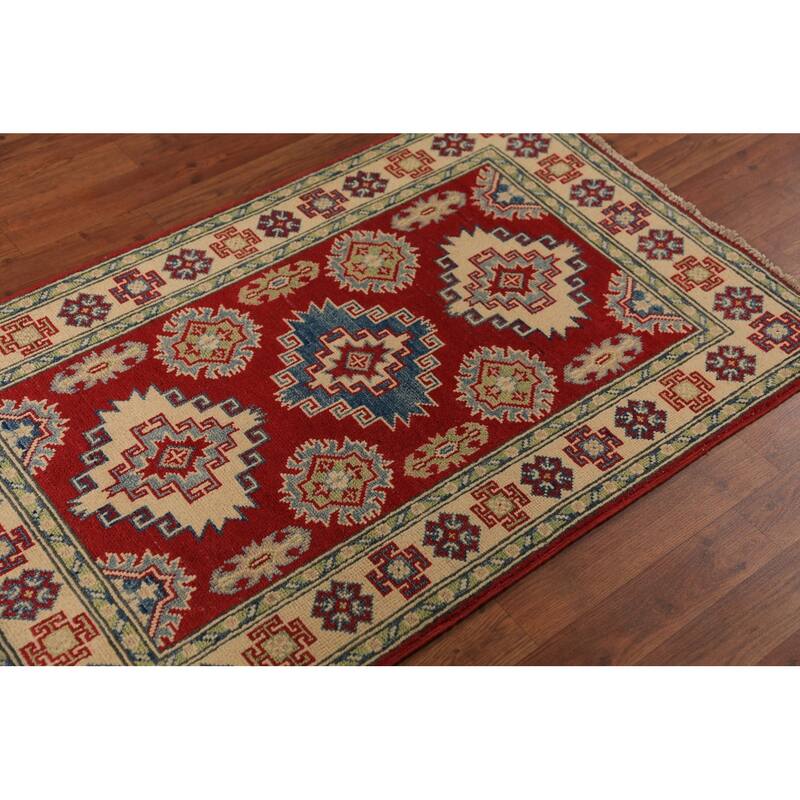 Red Geometric Kazak Foyer Rug Handmade Wool Carpet - 2'8" x 4'3"