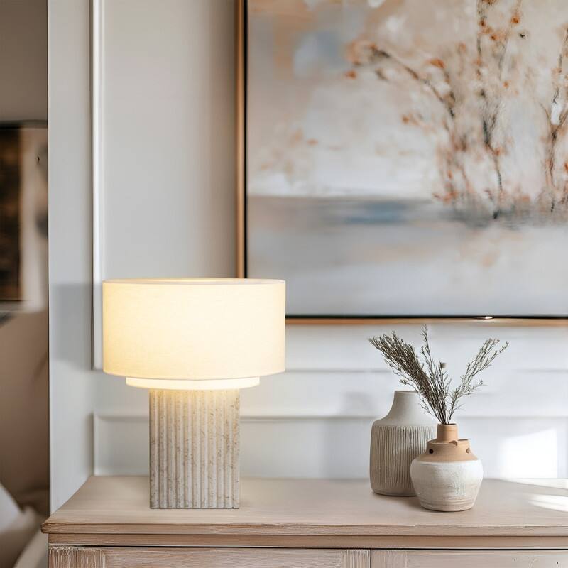 Brightech Atticus LED Natural Beige Stone Modern Industrial Square Dimmable Bedside Nightstand Desk Lamp