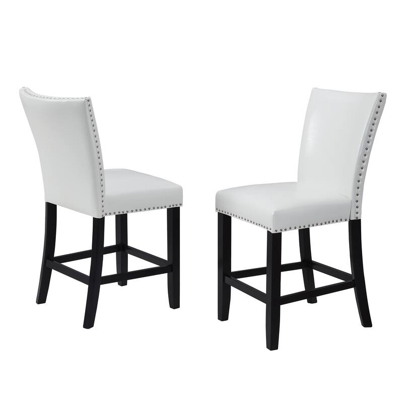 2-Piece Counter Height PU Chair Set with Footrest - Chrome Nailhead Trim, White