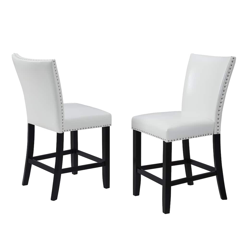 2-Piece Counter Height PU Chair Set with Footrest - Chrome Nailhead Trim, White