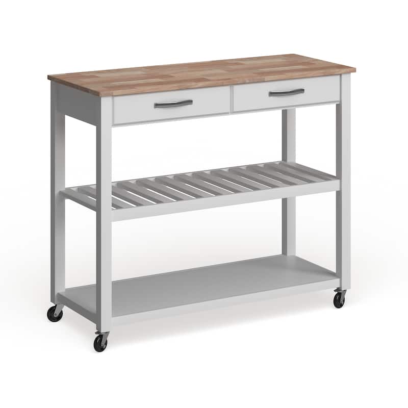 Crosley Natural Wood Top Kitchen Cart/ Island With Optional Stool Storage in White Finish - 17"d x 43"w x 35"h - Kitchen Cart - Wood - White