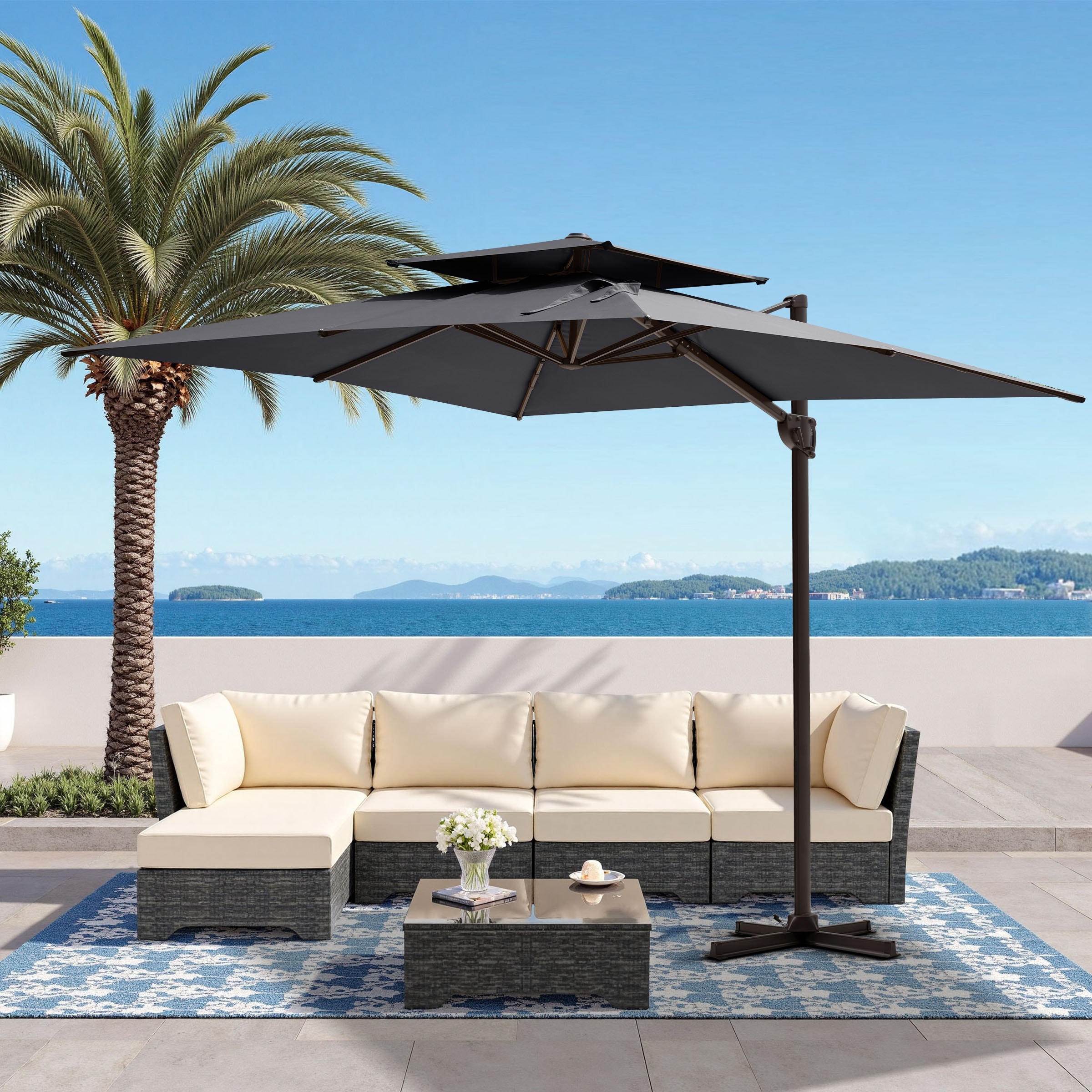 cantilever patio umbrellas with base Treasure Garden ® 11 ft Octagonal Outdoor Umbrella (High-Perform Our cantilever outdoor umbrella combines the courtyard and outdoor dining table into a cool and comfortable space Freeport 11' Octagonal Cantilever with