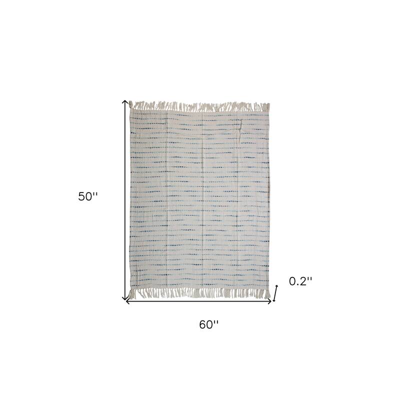 50" X 60" Cream Kantha Cotton Striped Throw Blanket with Embroidery
