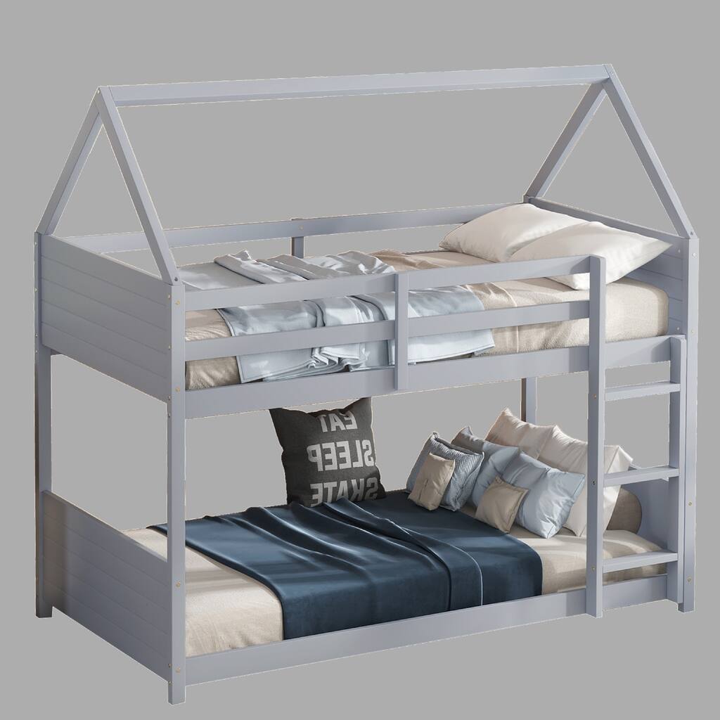 Rustic Twin Over Twin House Bunk Bed with Fluted Headboards, Footboards, Safety Guardrails & Ladder