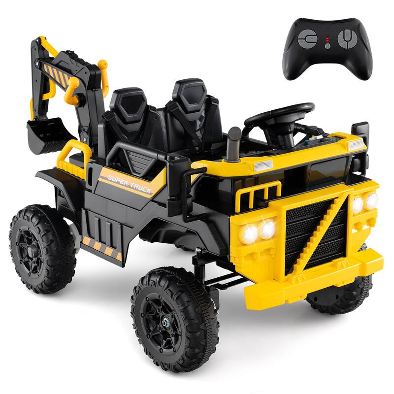 2-Seater Kids Ride-On Excavator Truck with Remote Control LED Lights, Music and Safe Design - 62" x 30.5" x 30.5" (L x W x H)
