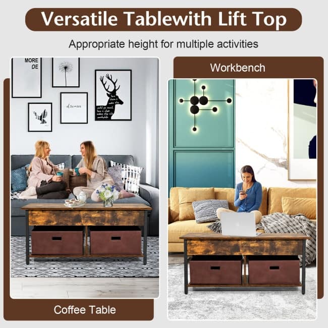 Lift Top Coffee Table Central Table with Drawers and Hidden Compartment for Living Room - 42" x 19.5" x 19" (L x W x H)