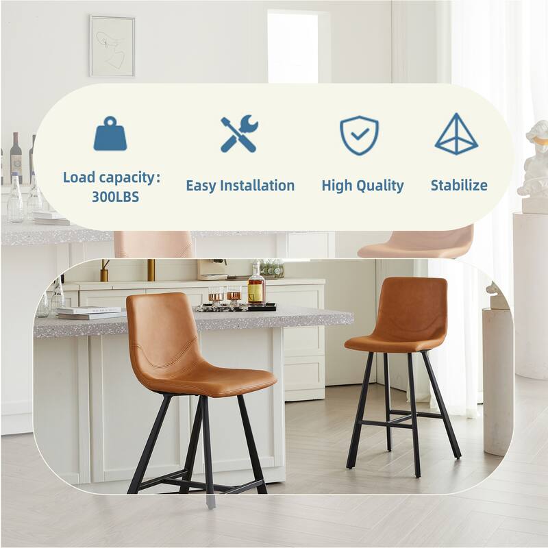 Set of 2 Bar Stool with Ergonomic Curved Backrest - Sturdy Black Metal Frame Counter Height Seating with Footrest