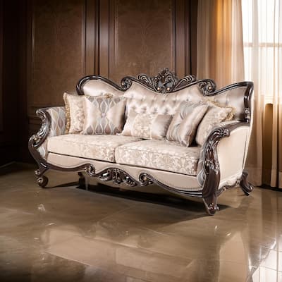 Cona 95 Inch Sofa, Classic Gold Carved Details, Brown, Button Tufted Beige