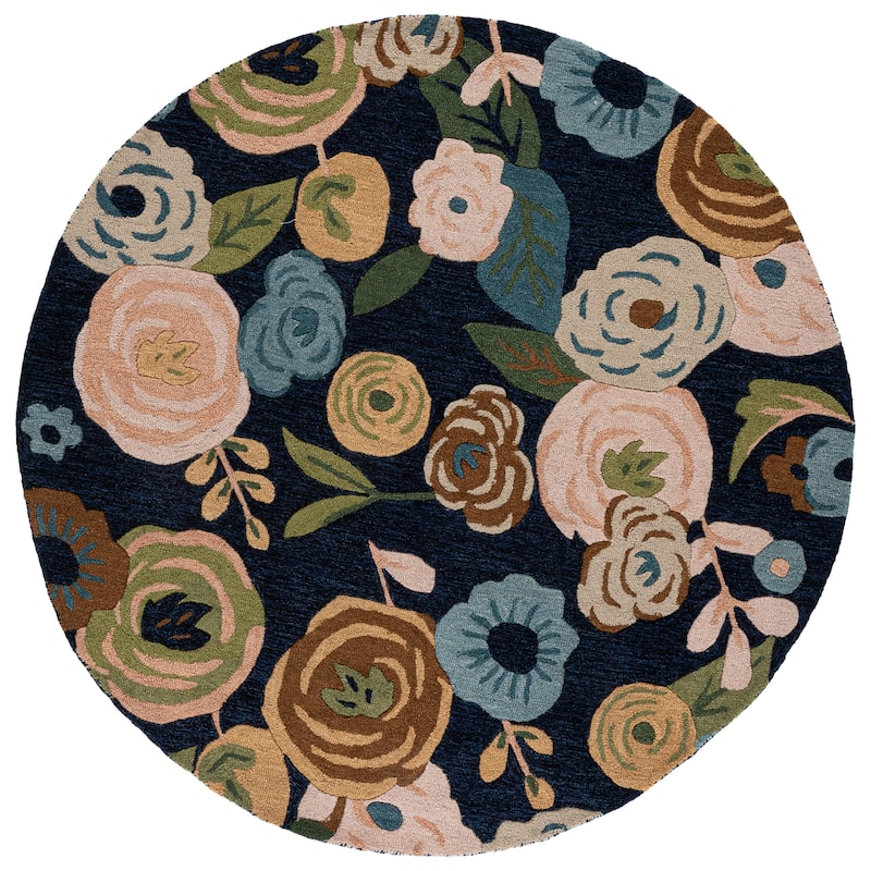 SAFAVIEH Handmade Jardin Massumah Floral Wool Rug - 6' Round - Navy/Light Blue