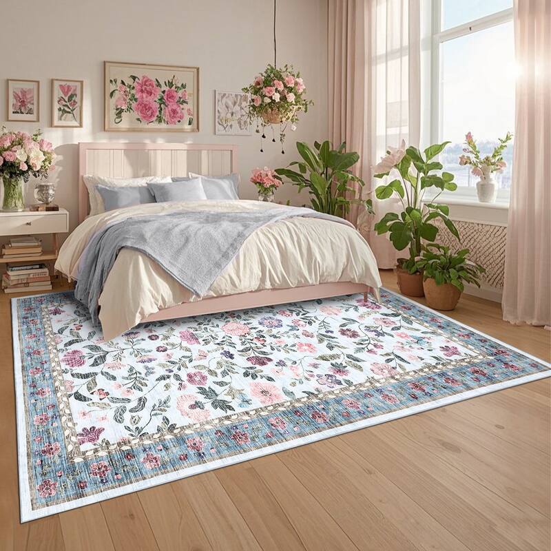 Garvee Farmhouse Distressed Floral Vine Area Rug
