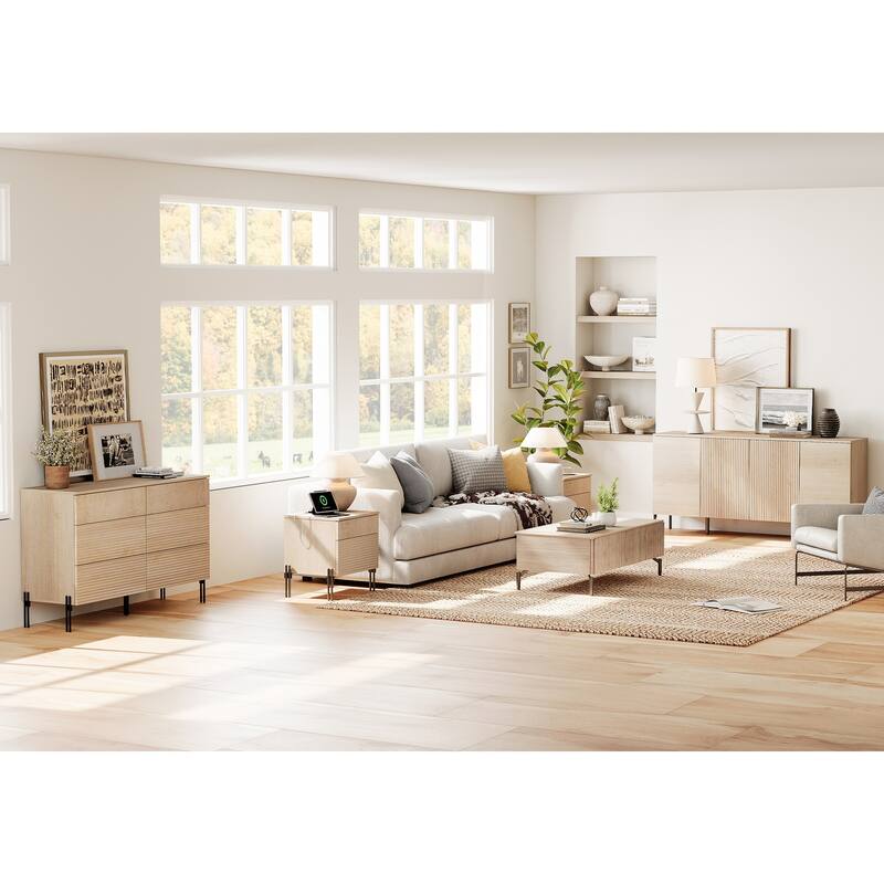 WAMPAT 4-Piece Bedroom Furniture Set, 47" Fluted 6 Drawer Dresser, 61" Buffet Sideboard, 2 Nightstand with Charging Station, Oak - Beige