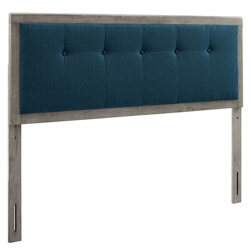 Marlin Traditional Blue Fabric Button Tufted King Size Grey Wooden Headboard