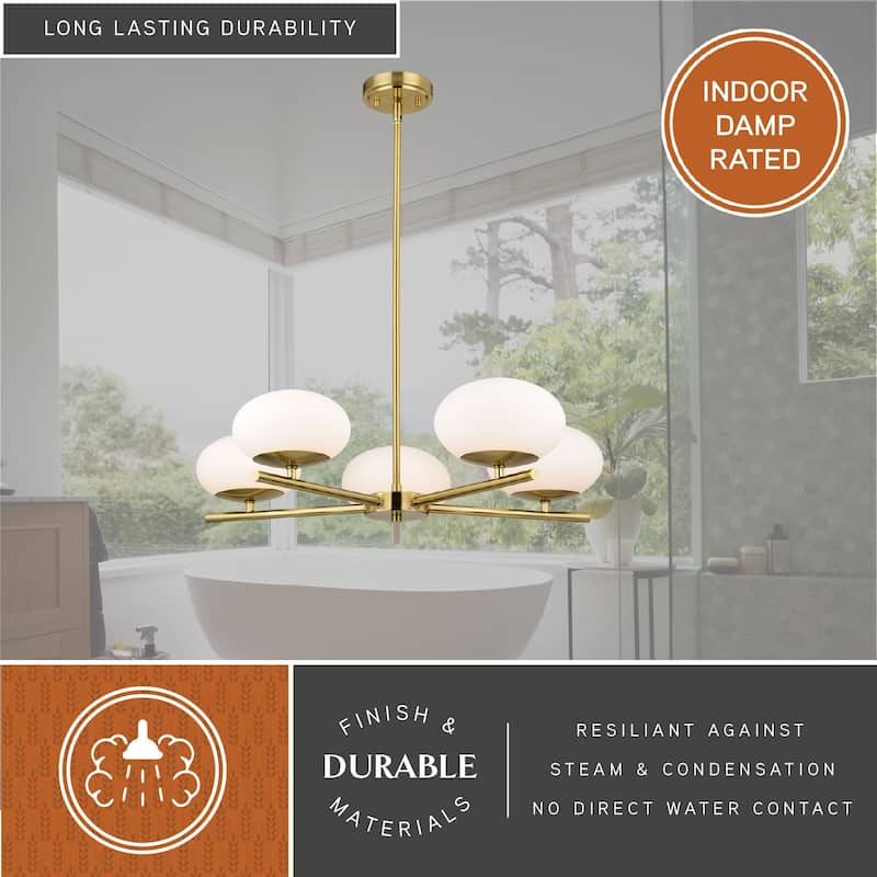Sloane 5 Light LED Gold Satin Brass Mid-Century Modern Chandelier with White Glass Globes - 27-in W x 7-in H x 27-in D