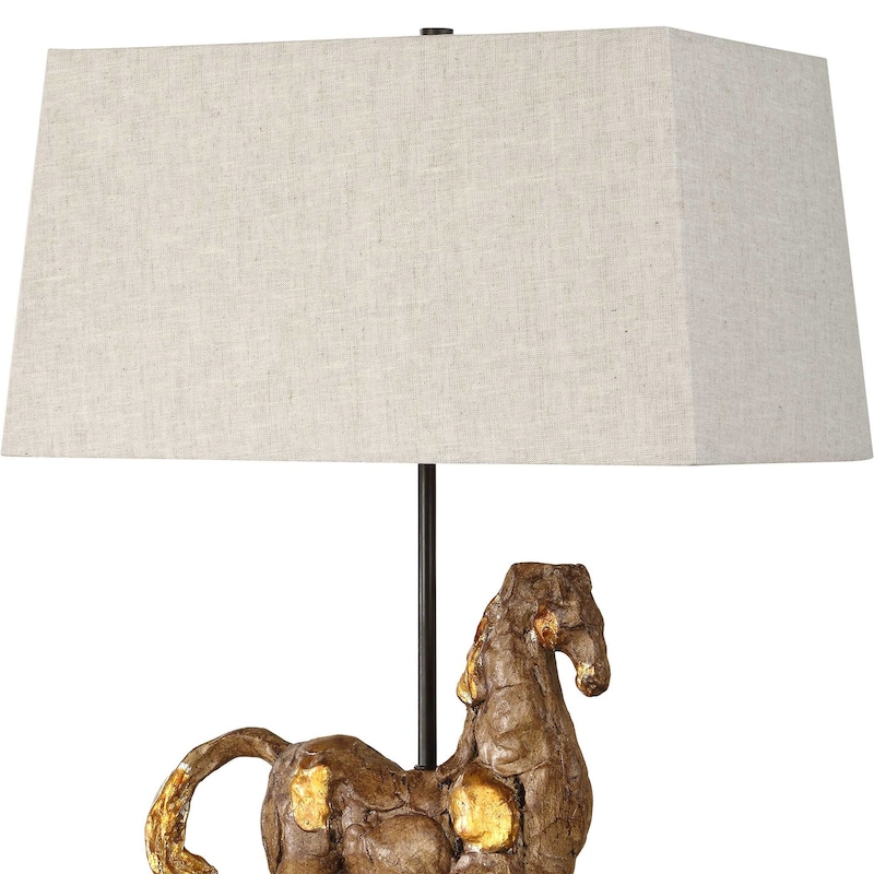 Horse Sculpture Table Lamp, Beige Linen Shade, 29 Inch Black Iron